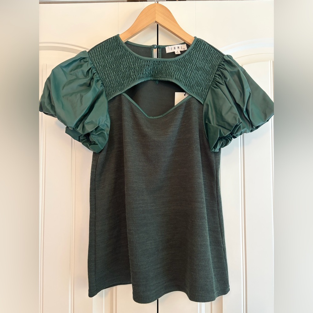 THML NWT Women's Faux Leather Puff Sleeve Knit Top Pullover Green Size S
